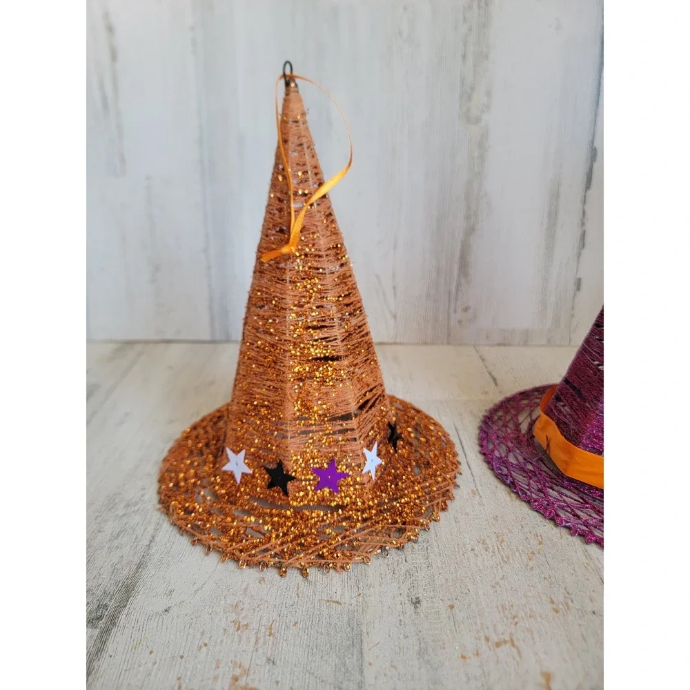 Vintage large Halloween witch hat glitter orange purple ornament set star unique
